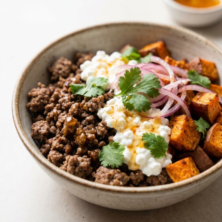 Hot honey cottage cheese sweet potato beef bowl