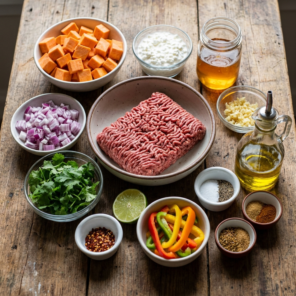 Hot honey cottage cheese sweet potato beef bowl