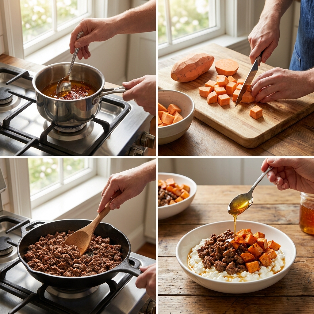 Hot honey cottage cheese sweet potato beef bowl