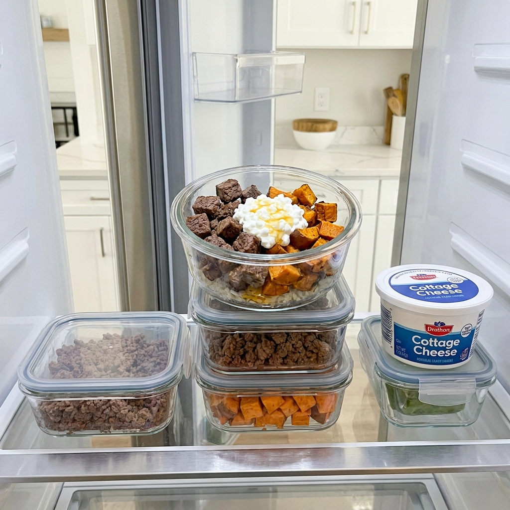 Hot honey cottage cheese sweet potato beef bowl