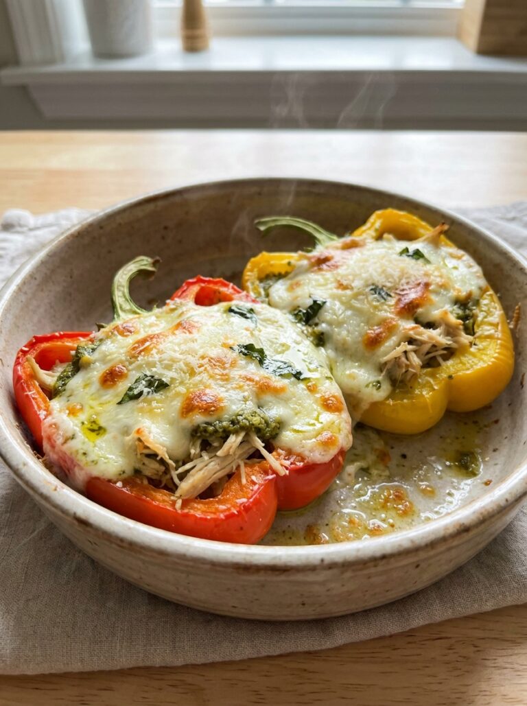 High Protein Chicken Pesto Stuffed Peppers 17 A realistic close up recipe photo 202604292105
