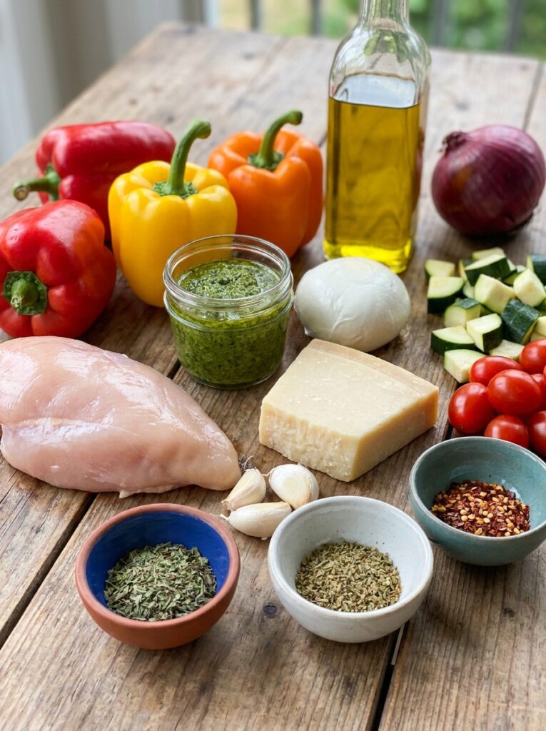 High Protein Chicken Pesto Stuffed Peppers 13 Chicken pesto stuffed peppers in… 202604292105