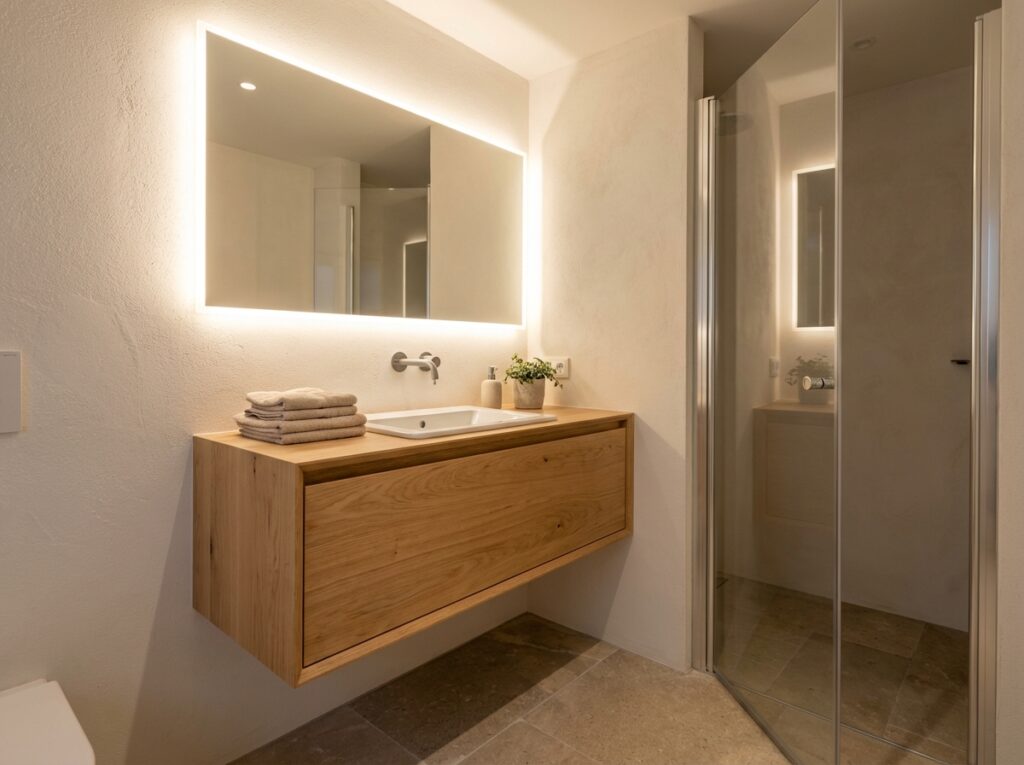 Minimalist bathroom wood 202604081308
