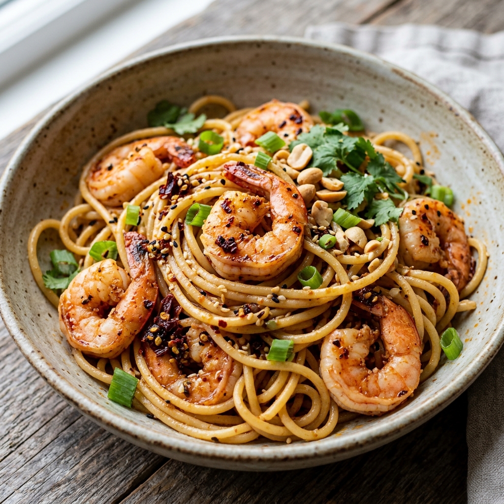 Salsa Macha Pasta With Shrimp recipe