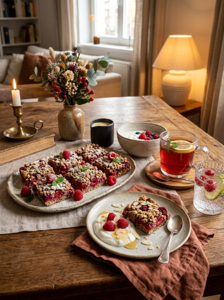 High Protein Raspberry Crumble Bars 15 A full serving setup of 202605221609