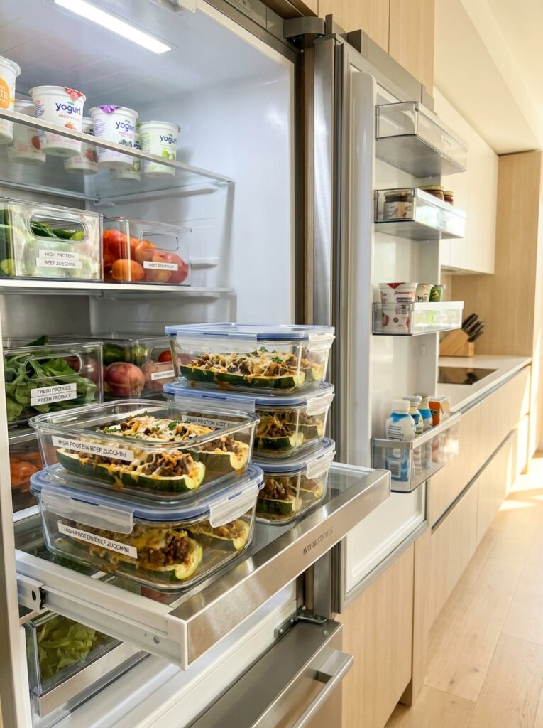 High Protein Beef Stuffed Zucchini Boats: Savory Low-Carb Main Dish 16 Beef stuffed zucchini boats fridge 202605132254
