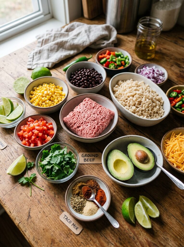 Beef taco bowl ingredients arranged 202605051650