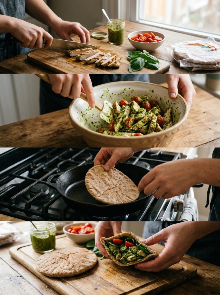 High Protein Chicken Pesto Pita: Easy Homemade Recipe for Busy Weeknights 14 Chicken pesto pita cooking process 202605042126