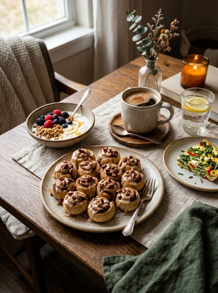 High Protein Cinnamon Roll Bites 15 Cinnamon roll bites setup table 202605102244