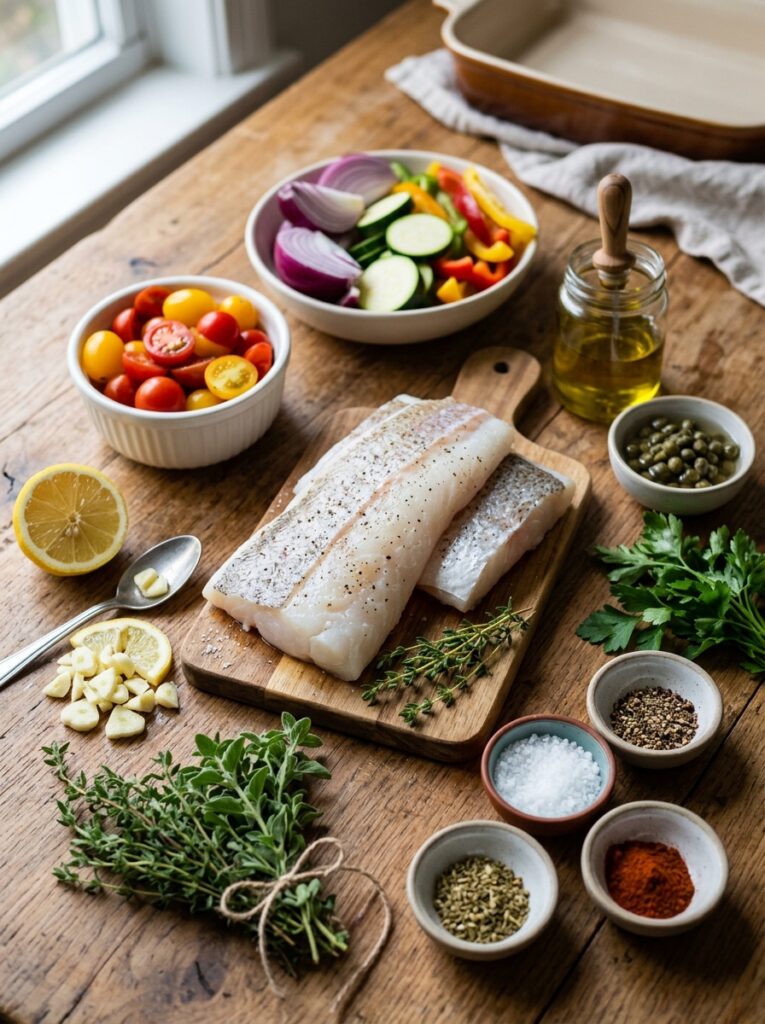 high protein mediterranean baked cod 13 Cod fillets with ingredients arr… 202605241438