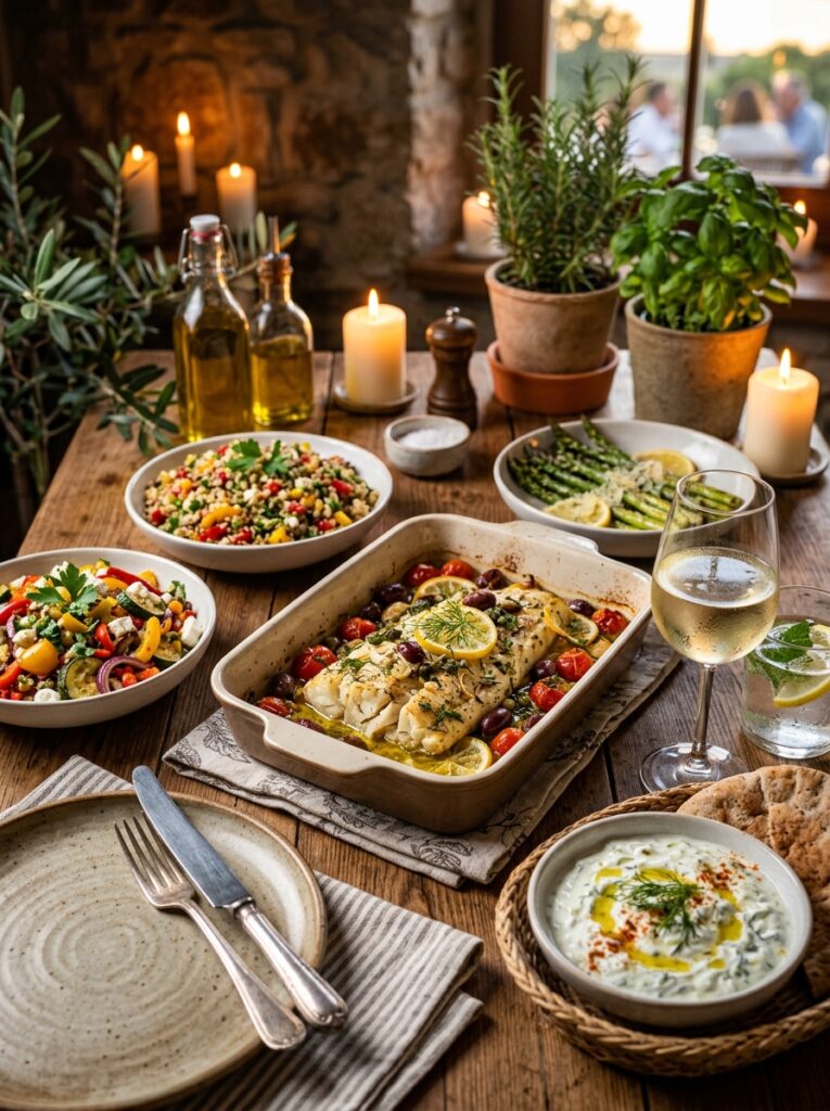 high protein mediterranean baked cod 15 Cod with side dishes drinks 202605241438