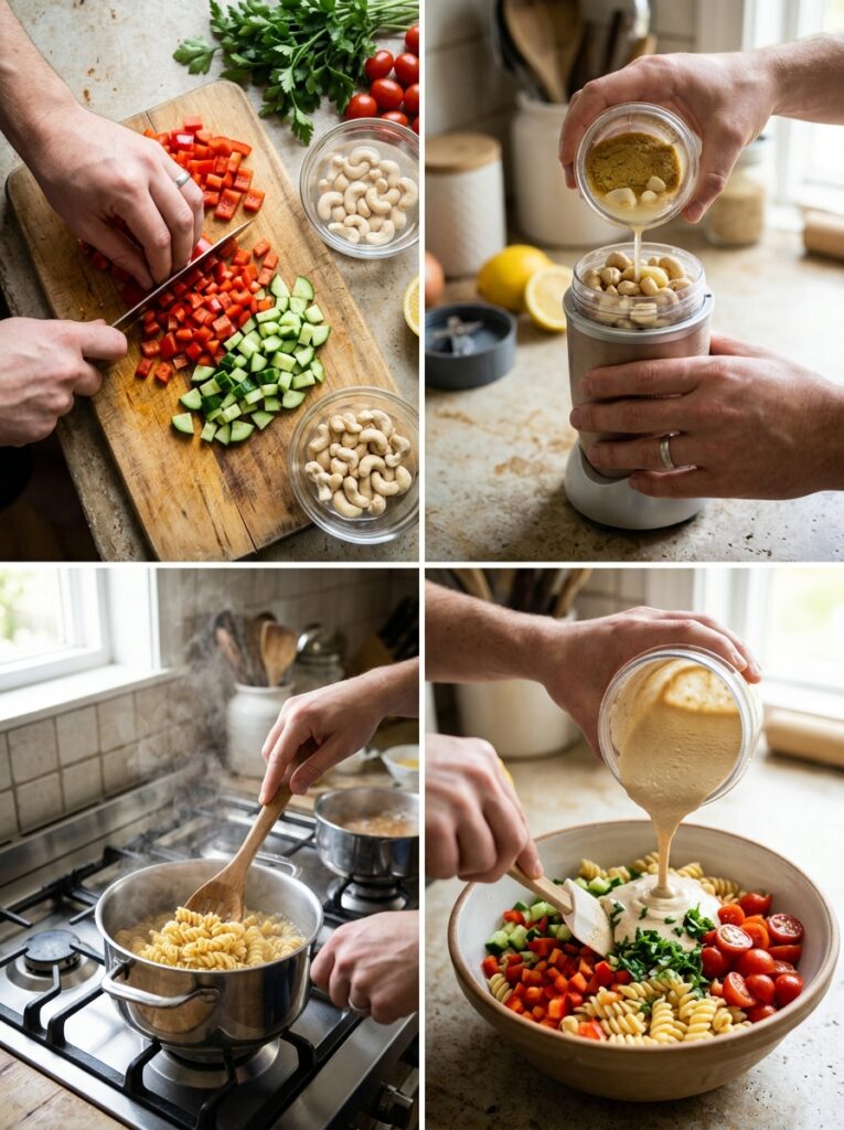 Creamy cashew dressing vegan pasta salad 14 Cooking creamy cashew dressing p… 202606051601