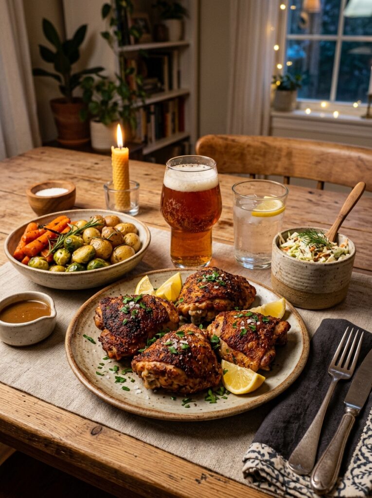 Crispy chicken thighs with sides 202606081621