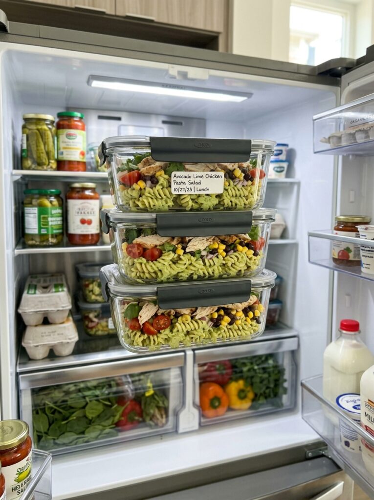 Creamy Avocado Lime Chicken Pasta Salad 16 Food containers with chicken pas… 202606041613