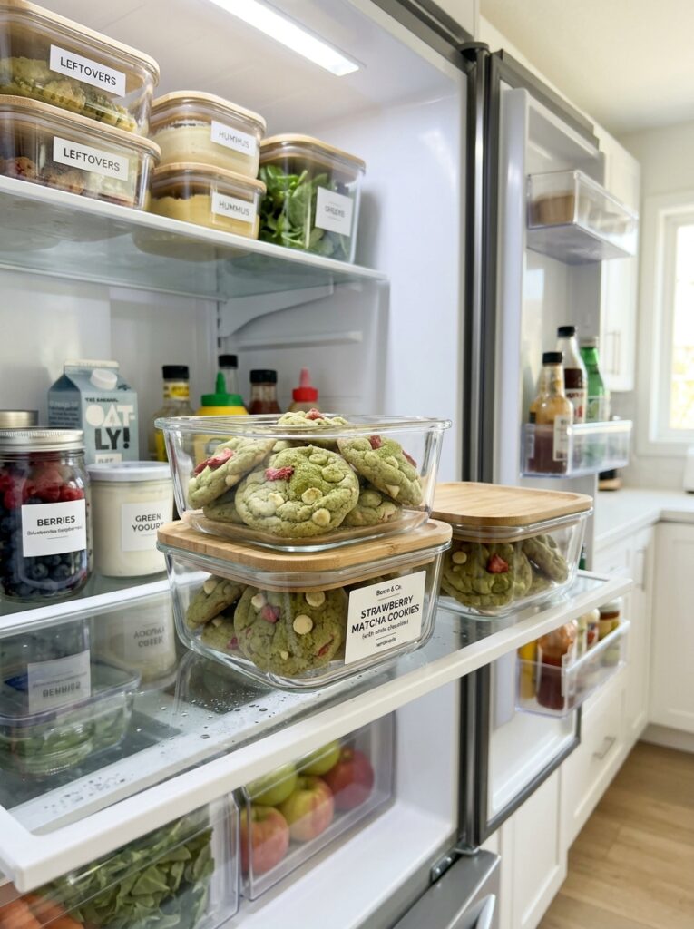 Soft strawberry matcha cookies white chocolate 16 Food containers with cookies 202606111452