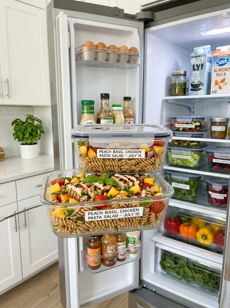 Sweet peach basil grilled chicken pasta salad 16 Food containers with grilled chi… 202606061954