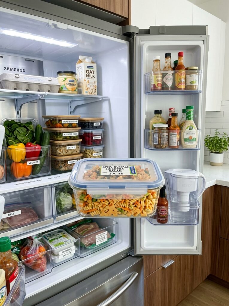 Spicy buffalo chickpea cold macaroni salad 15 Food containers with macaroni salad 202606051627