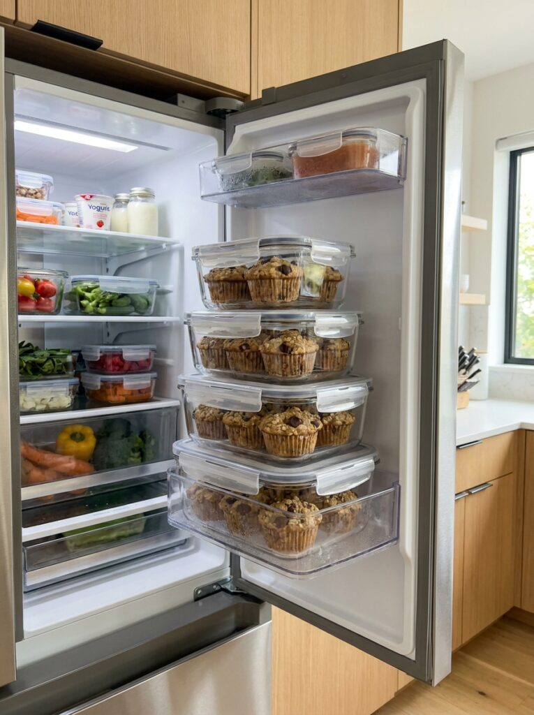 High Protein Chocolate Chip Oat Muffins 16 Food storage containers with muf… 202605131657
