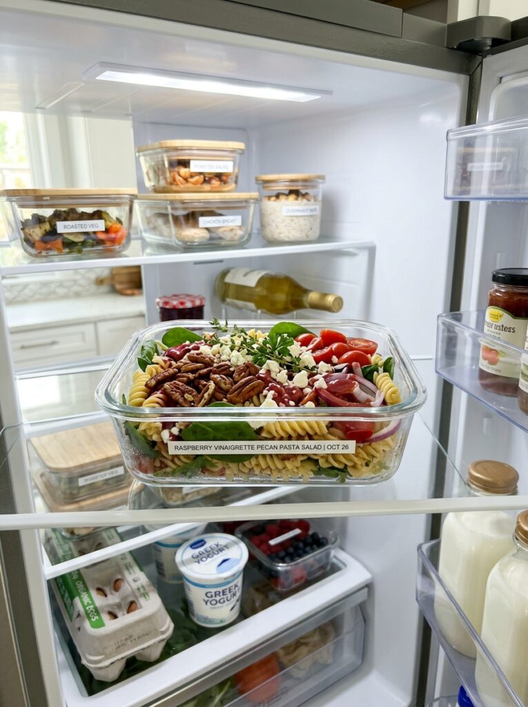 Tangy raspberry vinaigrette pecan pasta salad 16 Food storage containers with salad 202606061921