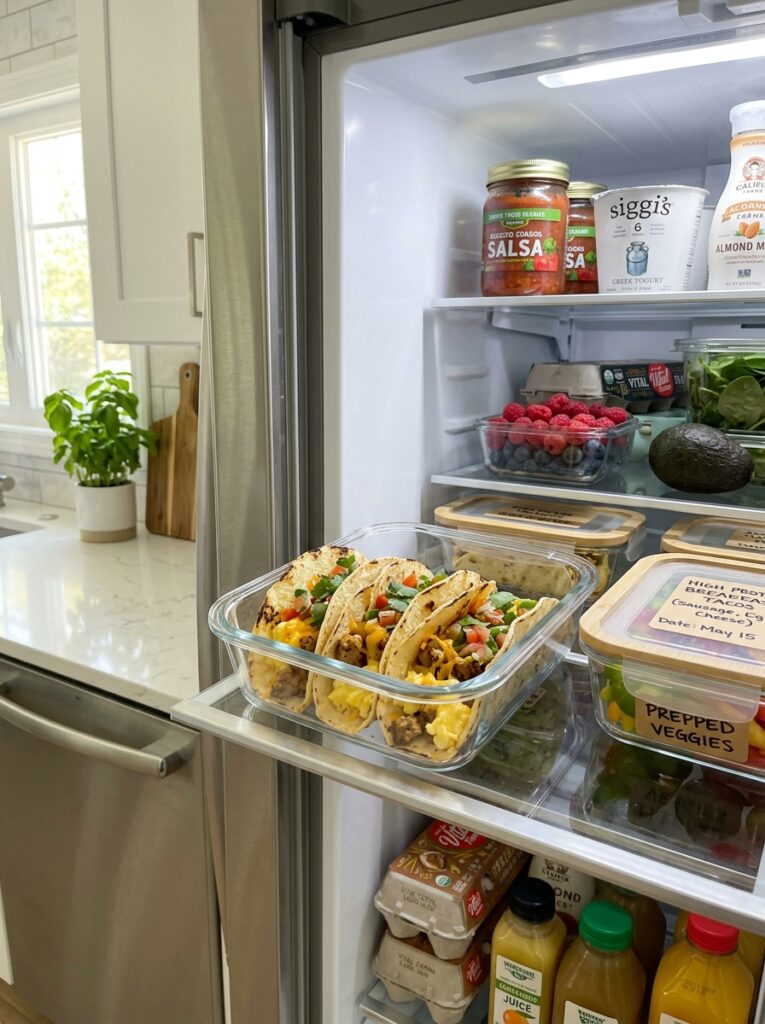 High Protein Sausage Breakfast Tacos 16 Food storage containers with sau… 202605031812