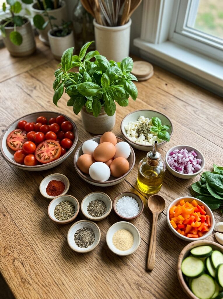 High Protein Tomato Basil Baked Eggs: A Nutritious and Flavorful Recipe 13 Ingredients for baked eggs arranged 202605081836