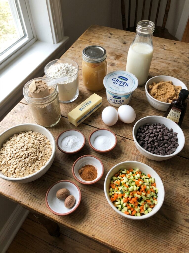 High Protein Chocolate Chip Oat Muffins 13 Ingredients for muffins arranged… 202605131657