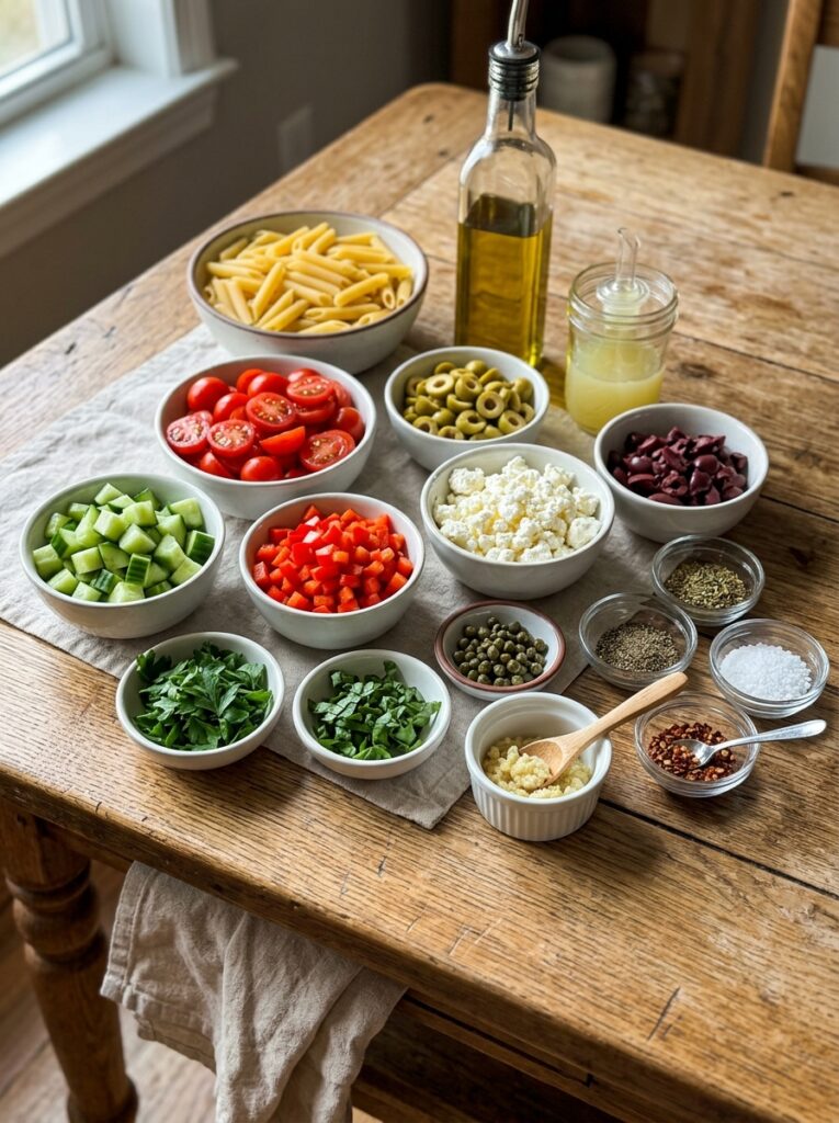 Mediterranean Green Olive Feta Pasta Salad 13 Ingredients for pasta salad 202606051641