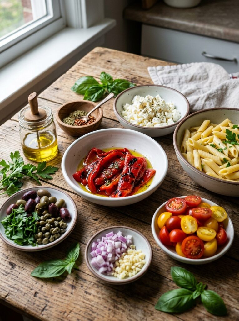 Mediterranean roasted red pepper feta pasta salad: Complete Recipe 2 Ingredients for pasta salad 202606061940