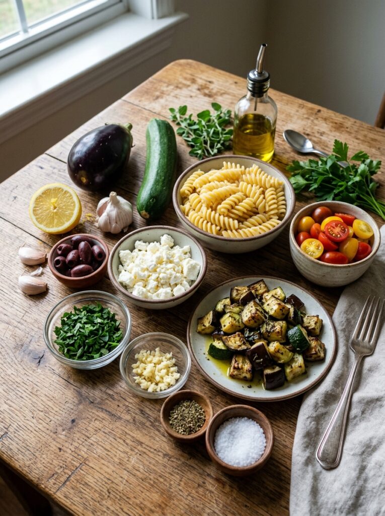 Roasted eggplant zucchini feta pasta salad 13 Ingredients for pasta salad arra… 202606041620