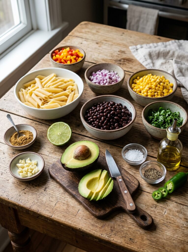 Tex Mex black bean avocado pasta salad recipe 13 Ingredients for pasta salad recipe 202606051558