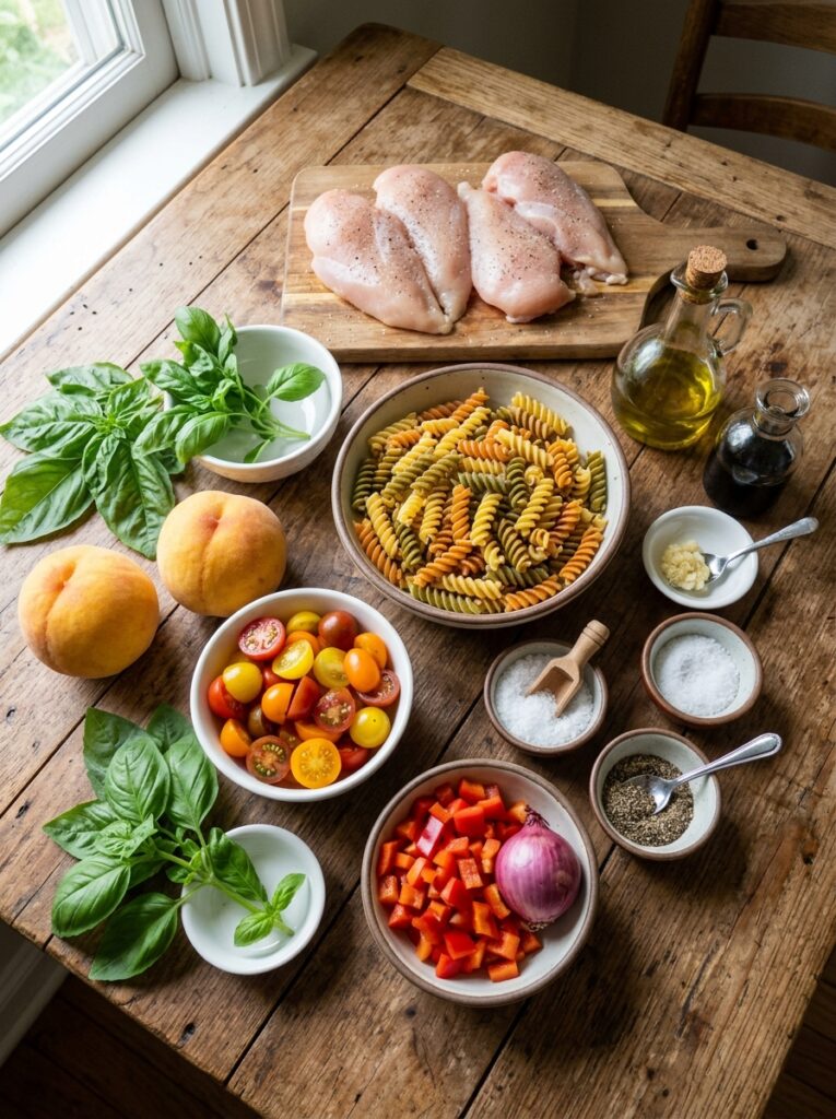 Sweet peach basil grilled chicken pasta salad 13 Ingredients for peach basil chic… 202606061953