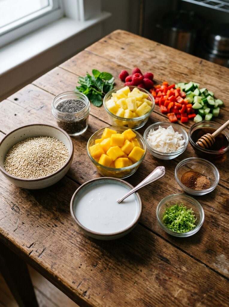 high protein tropical overnight quinoa: creamy coconut breakfast bowl 13 Ingredients for tropical overnig… 202605250054