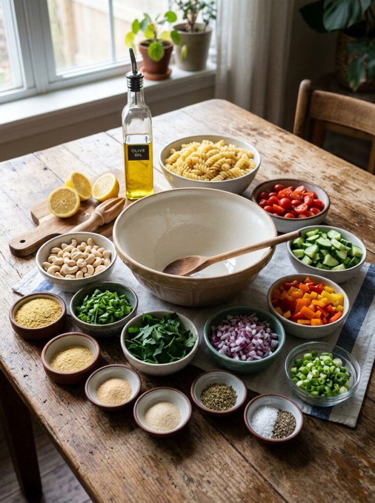 Creamy cashew dressing vegan pasta salad 13 Ingredients for vegan pasta salad 202606051601