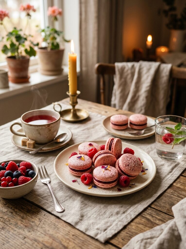 Classic French macarons raspberry ganache 4 Macarons with side dishes drinks 202606111513