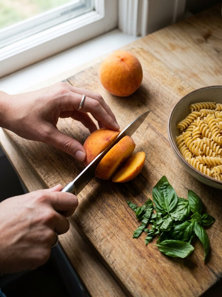 Sweet peach basil grilled chicken pasta salad 14 Peach basil chicken pasta salad 202606061956