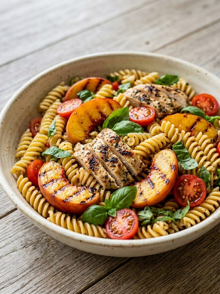 Sweet peach basil grilled chicken pasta salad 12 Peach basil grilled chicken past… 202606061953
