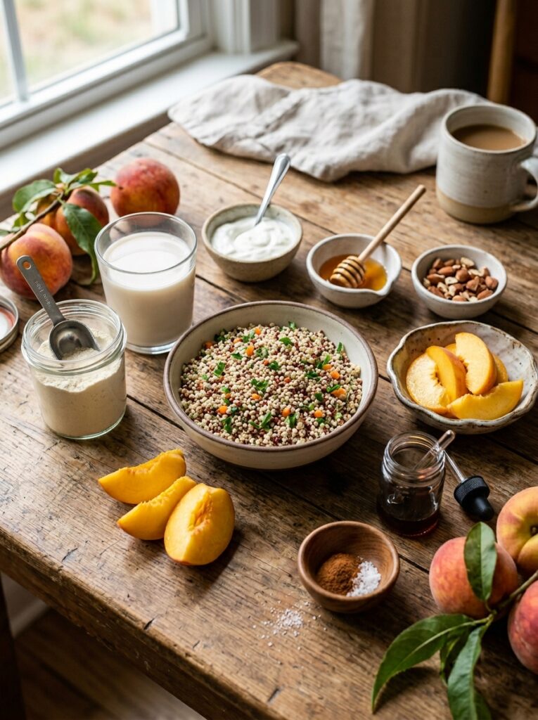 High Protein Peach Overnight Quinoa: A Complete Homemade Recipe 13 Quinoa peaches ingredients arran… 202605241429