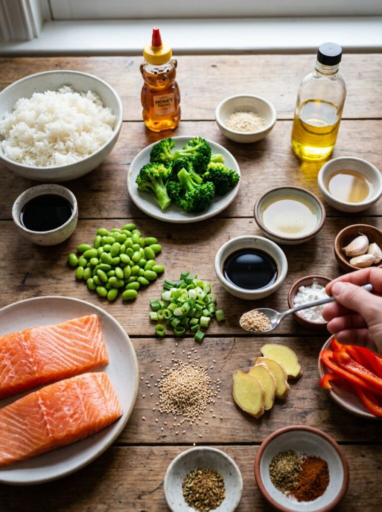 Salmon bowl ingredients arranged… 202605131651