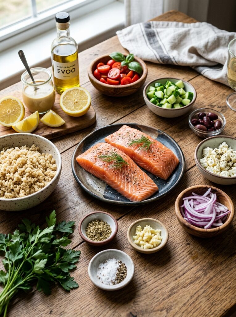High Protein Mediterranean Salmon Bowl: Flavorful & Healthy Recipe 13 Salmon bowl ingredients arranged… 202605142200
