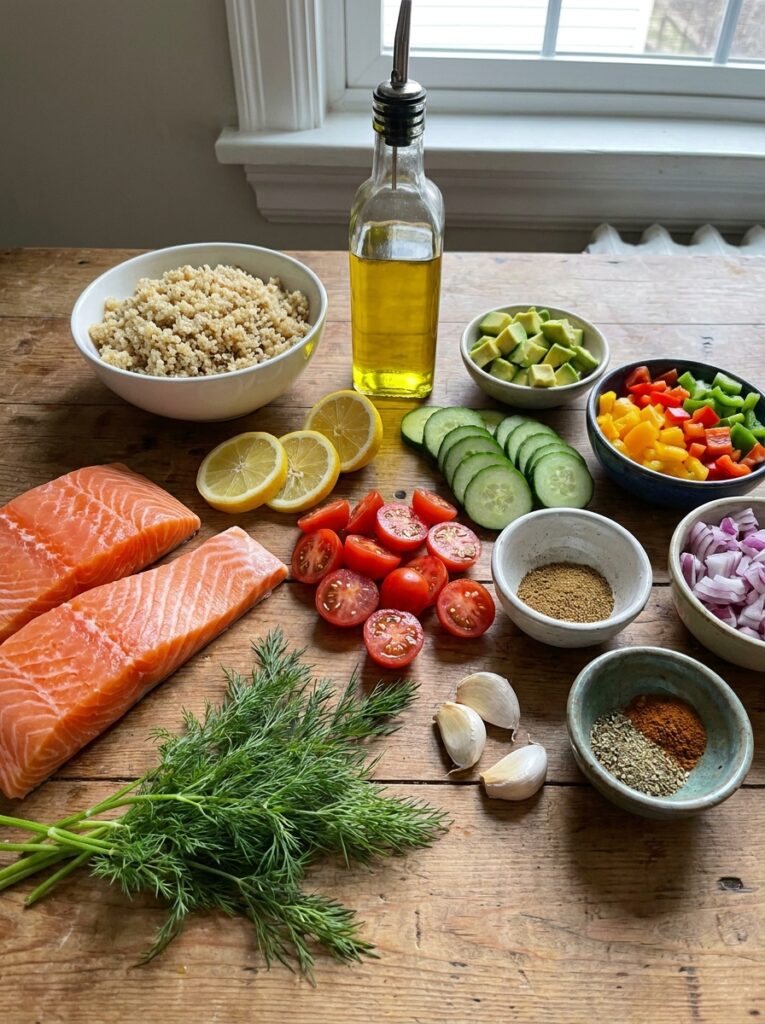 High Protein Lemon Salmon Bowl: A Complete Guide 13 Salmon bowl ingredients on table 202605131617