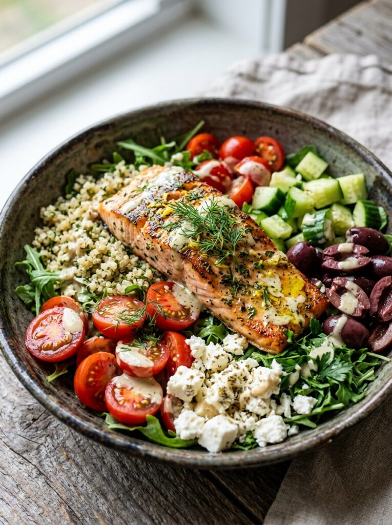 High Protein Mediterranean Salmon Bowl: Flavorful & Healthy Recipe 12 Salmon bowl with ingredients 202605142159
