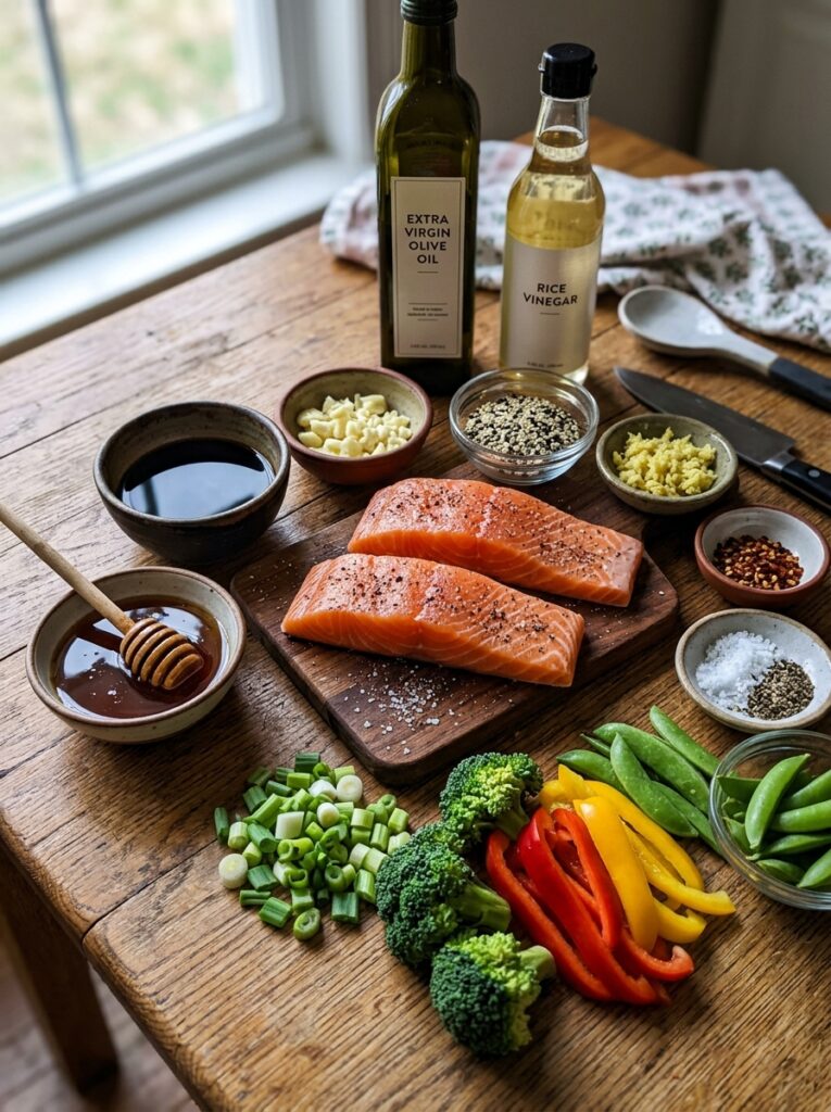 High Protein Honey Garlic Salmon: A Complete Homemade Recipe 13 Salmon ingredients arranged on t… 202605121513