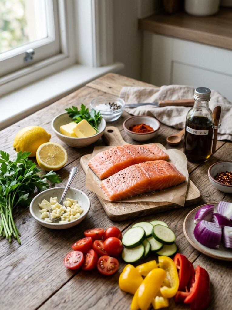 High Protein Garlic Butter Salmon 2 Salmon ingredients on wooden table 202605241415