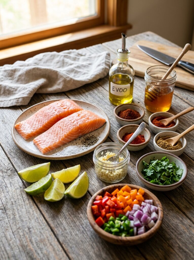 High Protein Chili Lime Salmon 13 Salmon ingredients on wooden table 202605301531