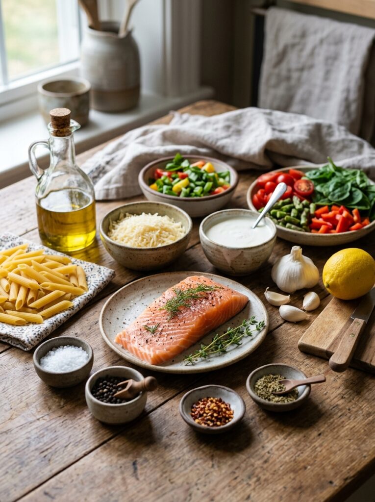 high protein salmon pasta recipe 13 Salmon pasta ingredients on table 202605142051