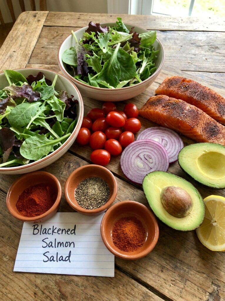 High Protein Blackened Salmon Salad 13 Salmon salad ingredients on table 202605132217