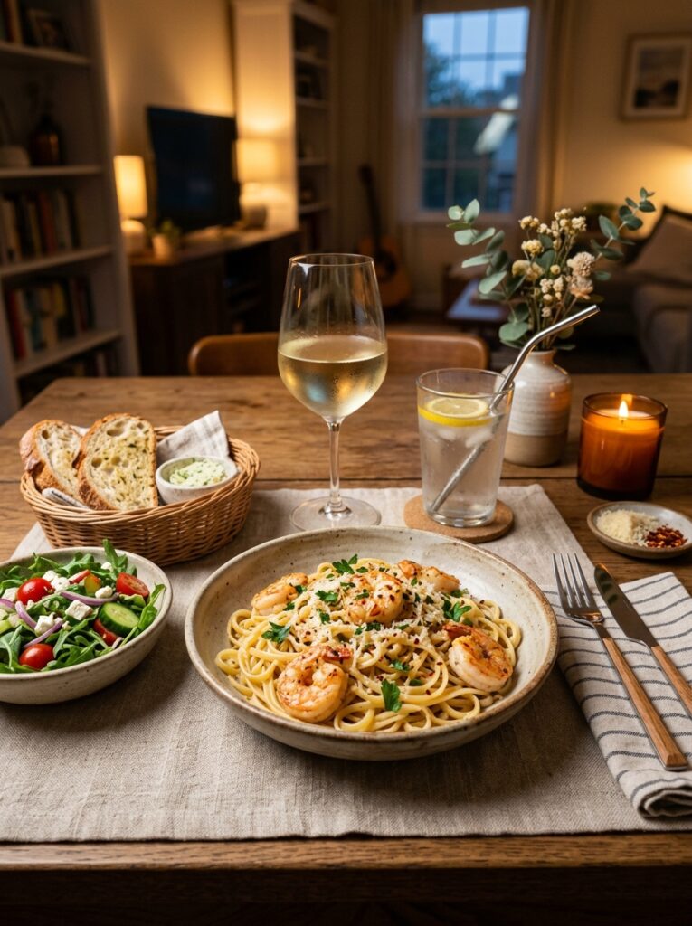 Shrimp pasta with side dishes 202605161158