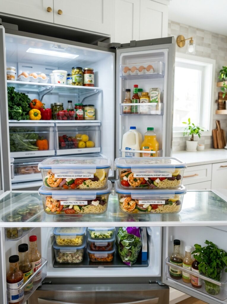 High Protein Mediterranean Shrimp Skillet 16 Shrimp skillet fridge organization 202605311449