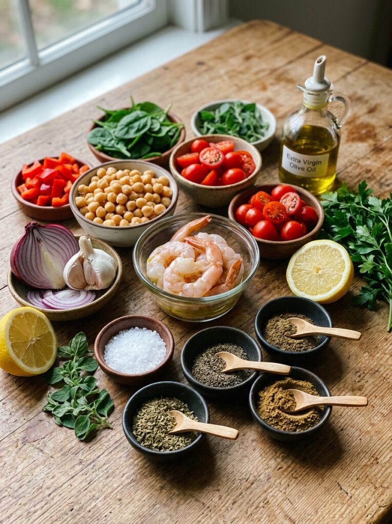 High Protein Mediterranean Shrimp Skillet 13 Shrimp skillet ingredients arran… 202605311449