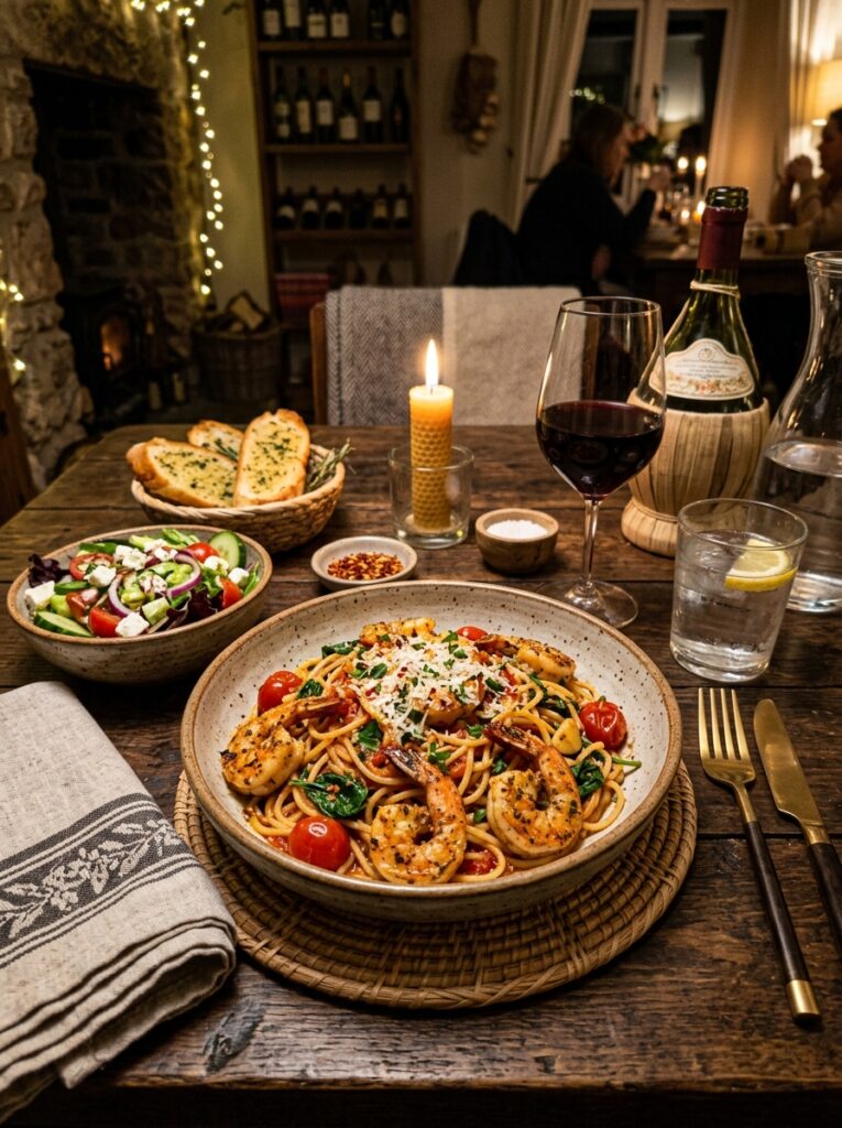 Spicy shrimp pasta setup drinks 202606021551